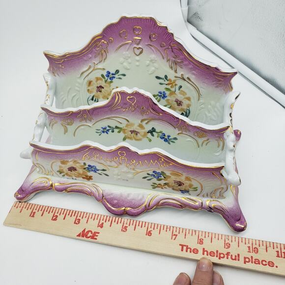 Limoges Hand Painted Floral Two Tier Footed Letter Holder. China Porcelain - Picture 14 of 16